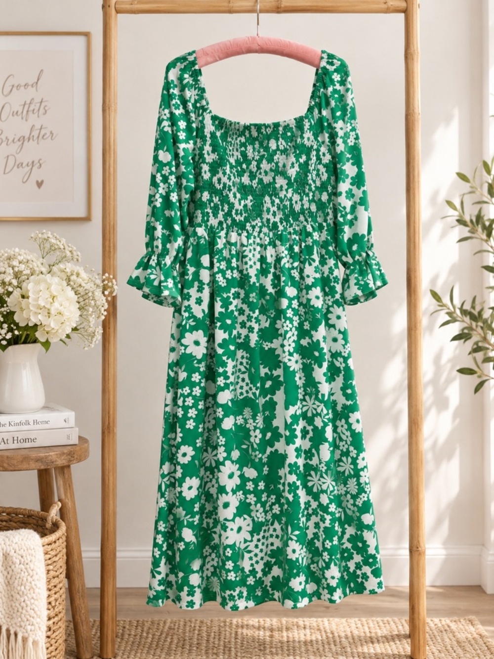 Sugar + Lips Green White Floral Smocked Maxi Dress Bell Sleeve Size L